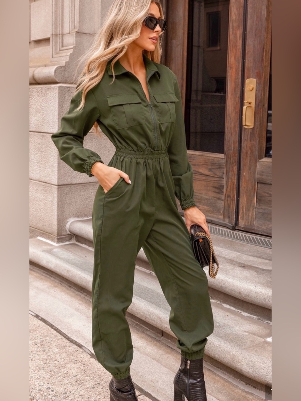 CUPSHE Utility Zip-Front Jumpsuit - Olive Green NWT broken Zipper Size L